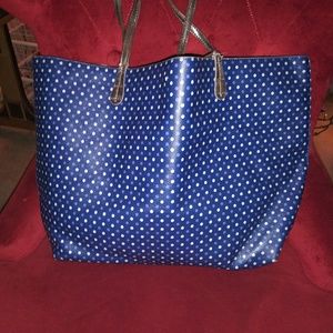 Blue polka dots leather tote bag